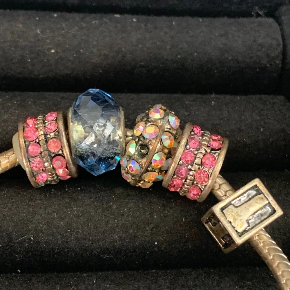 Gold Tone Snake Chain Bracelet Pink Blue Rhinestone Crystal Charms 7 Inch
